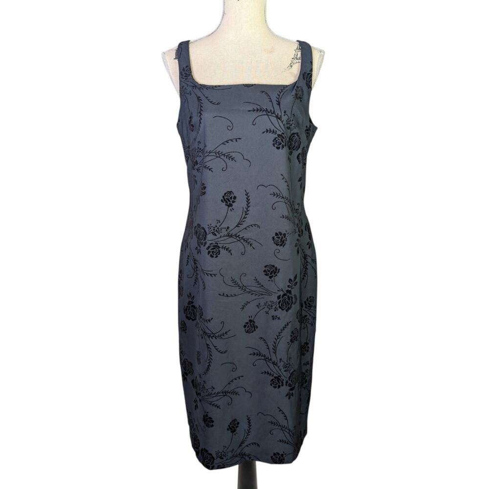 Vintage 90s CDC Black Flocked Floral Sheath Dress Goth Minimal Midi